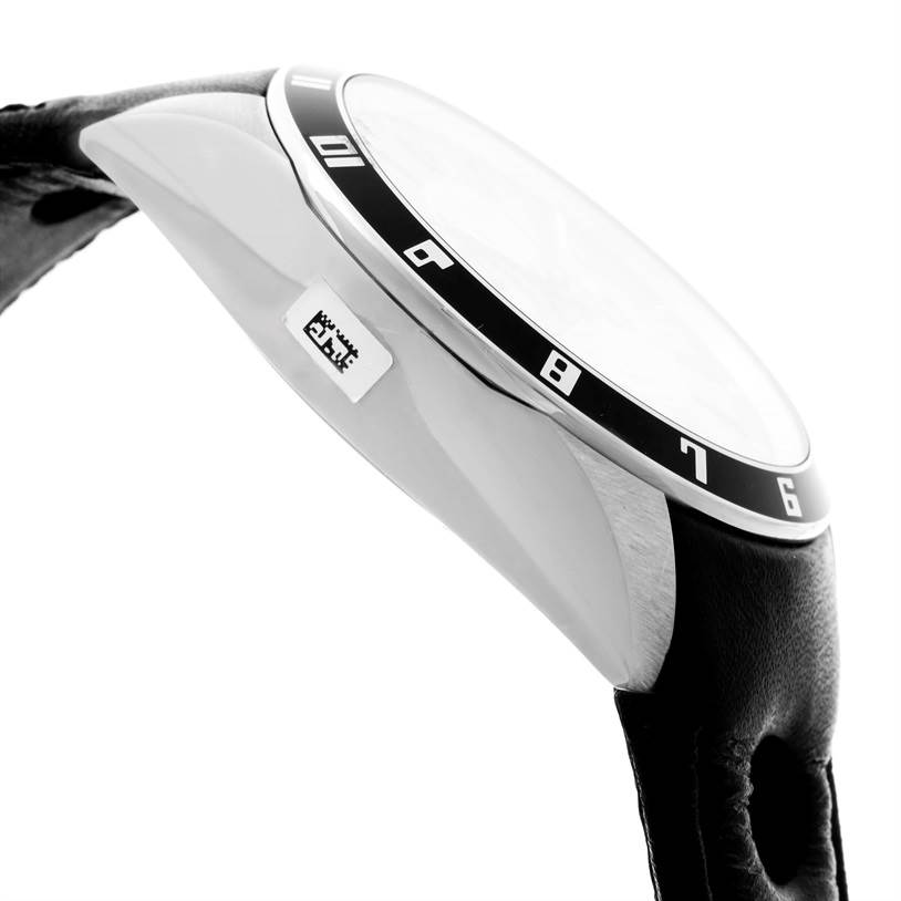 The image shows a side view of the Tudor Grantour 20550N Men's Stainless Steel Grey Dial 20550N Men's Stainless Steel Grey Dial watch, highlighting the bezel and part of the leather strap.