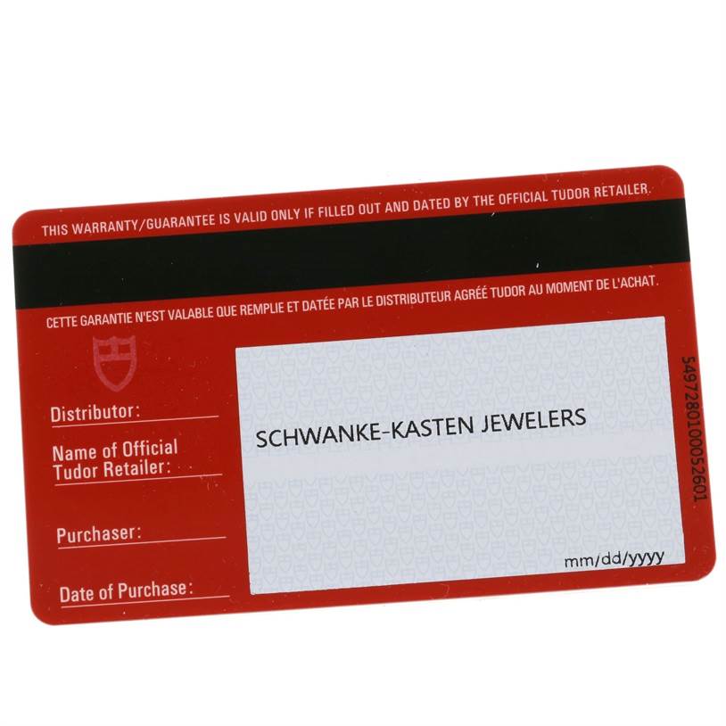 This image shows a warranty card for the Tudor Grantour 20550N Men's Stainless Steel Grey Dial 20550N Men's Stainless Steel Grey Dial watch, provided by Schwanke-Kasten Jewelers.