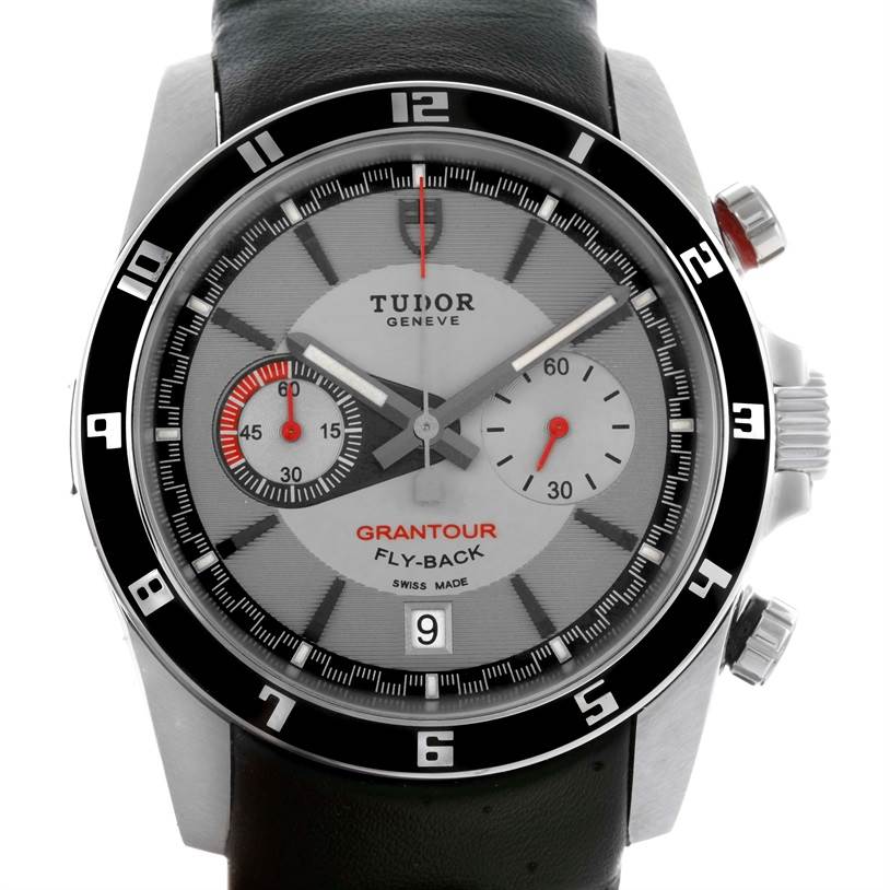 The image shows a front view of the Tudor Grantour 20550N Men's Stainless Steel Grey Dial 20550N Men's Stainless Steel Grey Dial watch, displaying its dial, bezel, and part of the strap.