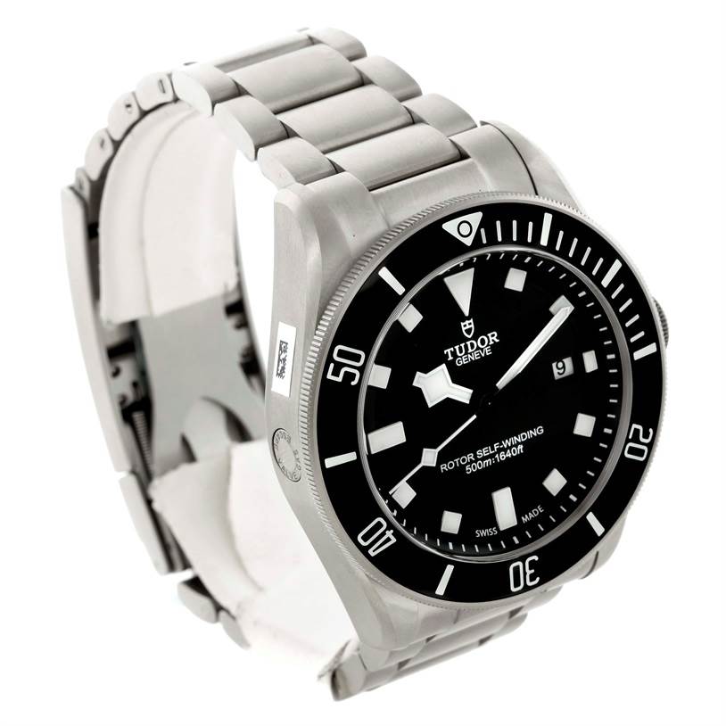 The image shows a Tudor Pelagos 25500TN Men's Titanium Black Dial 25500TN Men's Titanium Black Dial watch at a three-quarter angle, highlighting the dial, bezel, and stainless steel bracelet.