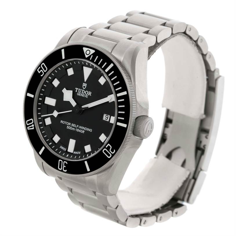 The Tudor Pelagos 25500TN Men's Titanium Black Dial 25500TN Men's Titanium Black Dial watch is shown at a three-quarter angle, displaying the face, bezel, crown, and part of the bracelet.
