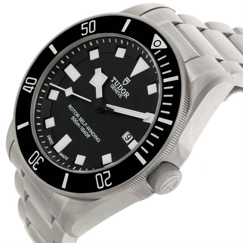 The image shows a Tudor Pelagos 25500TN Men's Titanium Black Dial 25500TN Men's Titanium Black Dial watch from a slightly tilted front angle, highlighting the dial, bezel, crown, and bracelet.