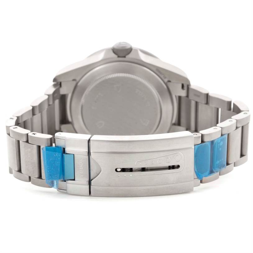 The image shows the back view of a Tudor Pelagos 25500TN Men's Titanium Black Dial 25500TN Men's Titanium Black Dial watch, focusing on the stainless steel bracelet and clasp.