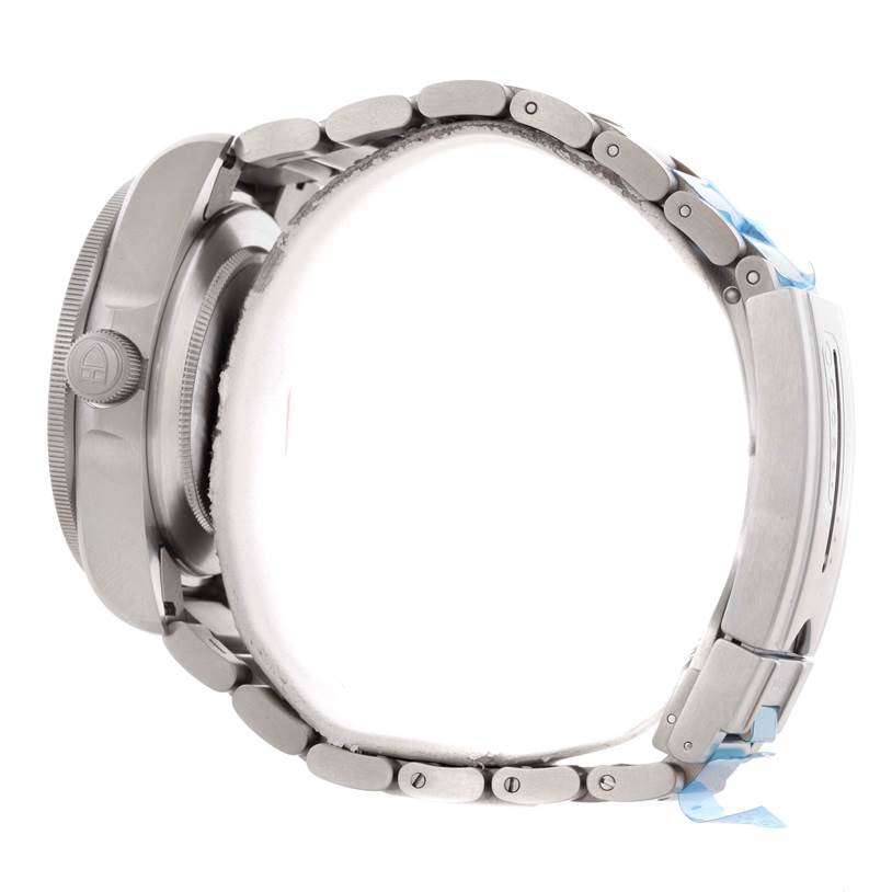 The image shows a side view of a Tudor Pelagos 25500TN Men's Titanium Black Dial 25500TN Men's Titanium Black Dial watch, highlighting the crown, case, and bracelet with clasp.