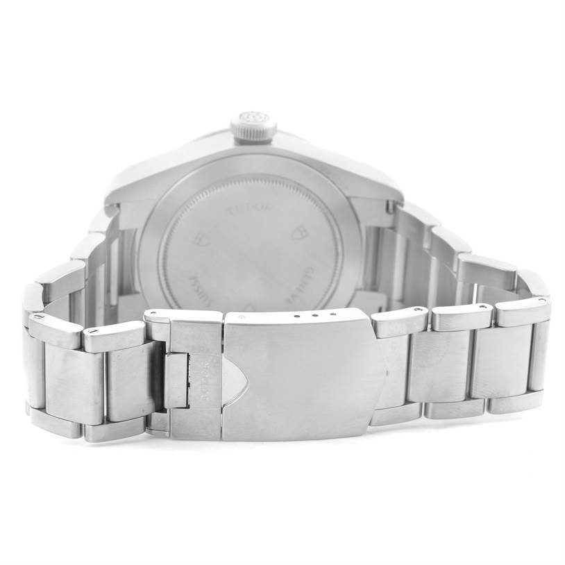 This image shows the back and bracelet of the Tudor Heritage Black Bay 79220 Men's Stainless Steel Black Dial 79220 Men's Stainless Steel Black Dial watch, highlighting the clasp and case back.