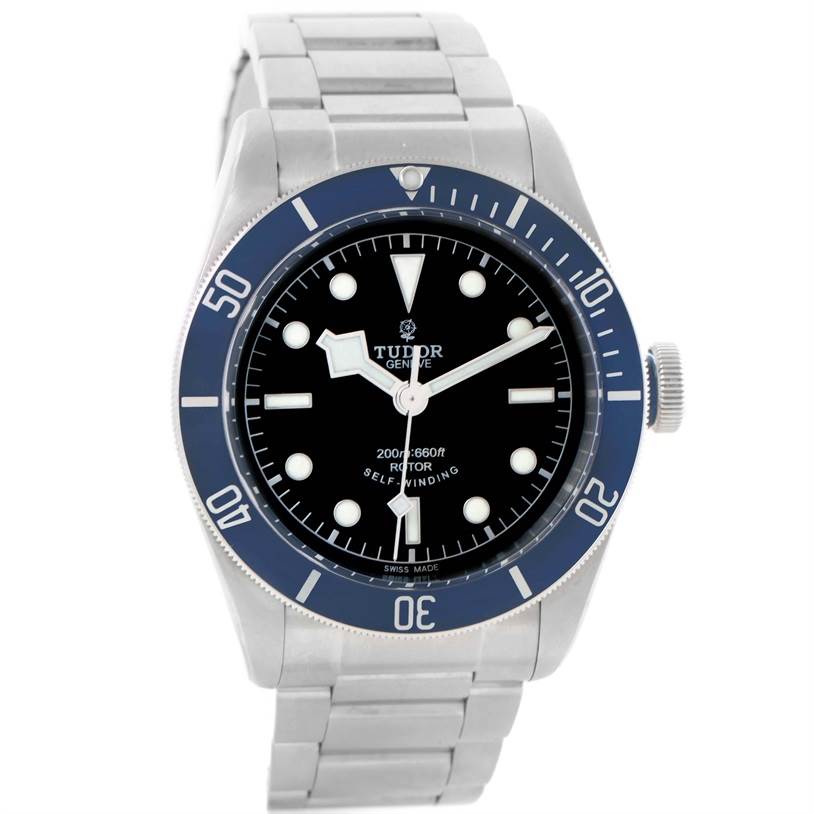 This image shows a front view of a Tudor Heritage Black Bay 79220 Men's Stainless Steel Black Dial 79220 Men's Stainless Steel Black Dial watch, highlighting the dial, bezel, and stainless steel bracelet.