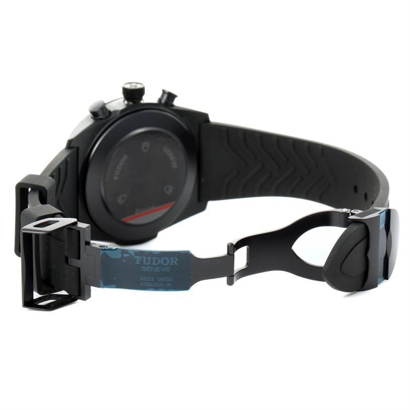 This image shows the back view of the Tudor Fastrider 42000CR Men's Stainless Steel Black Dial 42000CR Men's Stainless Steel Black Dial watch focusing on its strap and clasp.