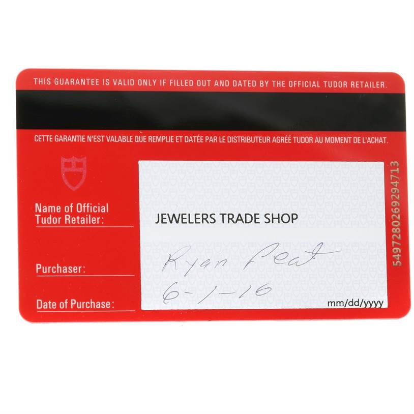 This image shows a warranty card for a Tudor Fastrider 42000CR Men's Stainless Steel Black Dial 42000CR Men's Stainless Steel Black Dial model, filled out by Jeweler’s Trade Shop.