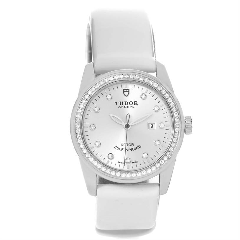 The image shows a front view of a Tudor Glamour 53020 Women's Stainless Steel White Dial 53020 Women's Stainless Steel White Dial model watch, displaying the face, bezel, crown, and strap.