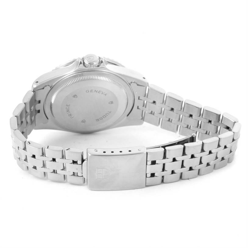 The image shows the Tudor Submariner 75190 Men's Stainless Steel Pink Dial 75190 Men's Stainless Steel Pink Dial's back case and metal bracelet, including the clasp and links, from a rear angle.