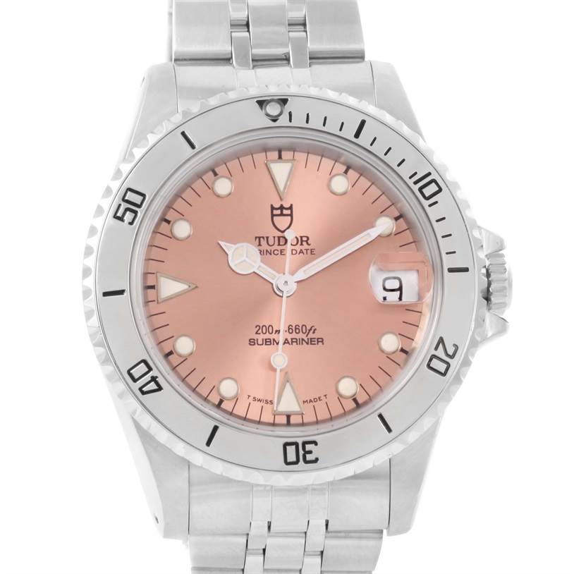 The watch is a Tudor Submariner 75190 Men's Stainless Steel Pink Dial 75190 Men's Stainless Steel Pink Dial model shown from the front, featuring its dial, bezel, and part of the bracelet.