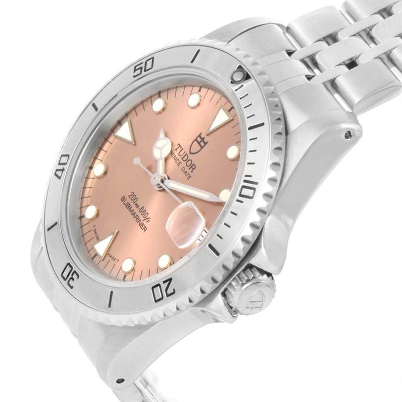 The image shows a Tudor Submariner 75190 Men's Stainless Steel Pink Dial 75190 Men's Stainless Steel Pink Dial watch at a slight side angle, highlighting the dial, bezel, crown, and part of the bracelet.