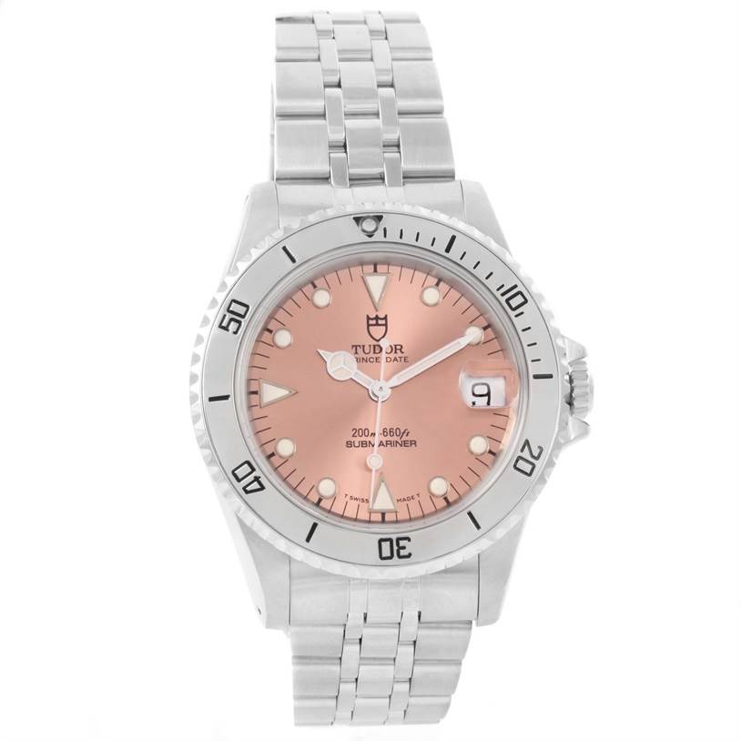 This is a front view of a Tudor Submariner 75190 Men's Stainless Steel Pink Dial 75190 Men's Stainless Steel Pink Dial watch displaying its dial, bezel, case, and bracelet.