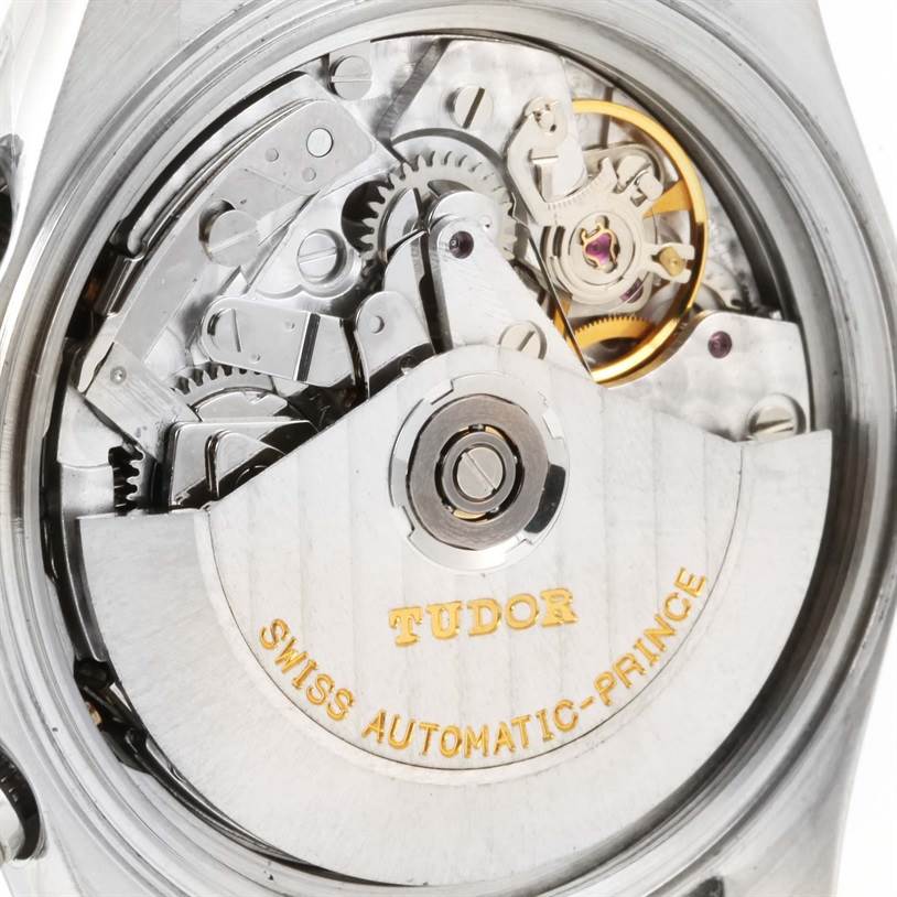 This image shows the internal mechanical movement of the Tudor Prince model watch from a close-up angle.
