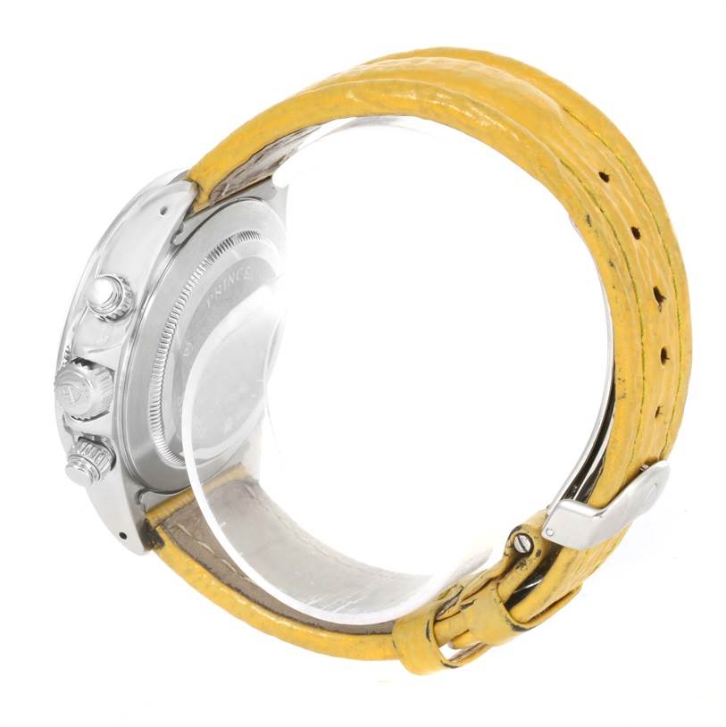 This Tudor Prince model watch is shown from a side angle, highlighting its case, crown, pushers, and yellow leather strap.