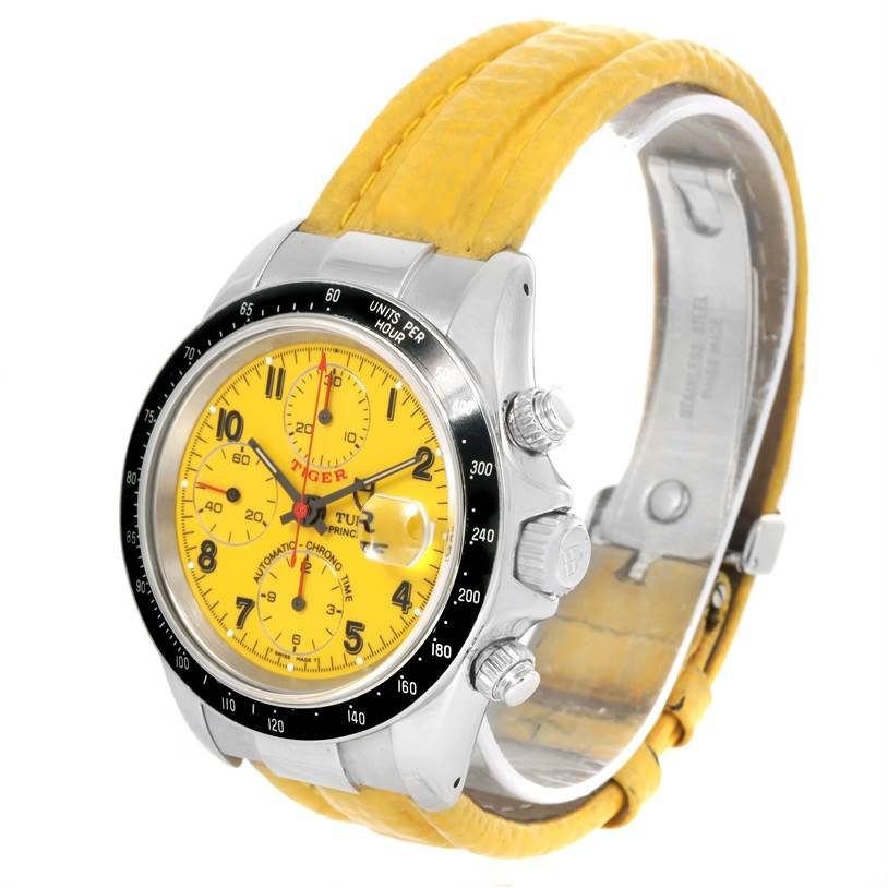 This image shows a Tudor Prince watch at a three-quarter angle, displaying its yellow dial, black bezel, and yellow leather strap.