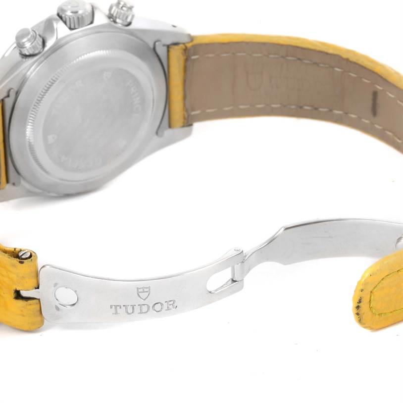 The image shows the backside and clasp of a Tudor Prince watch, highlighting the leather strap and Tudor-branded clasp.