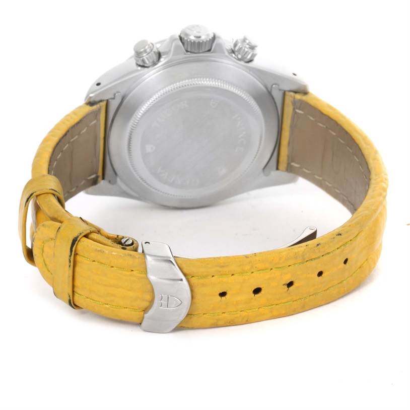 The image shows the back case and yellow leather strap of a Tudor Prince watch.