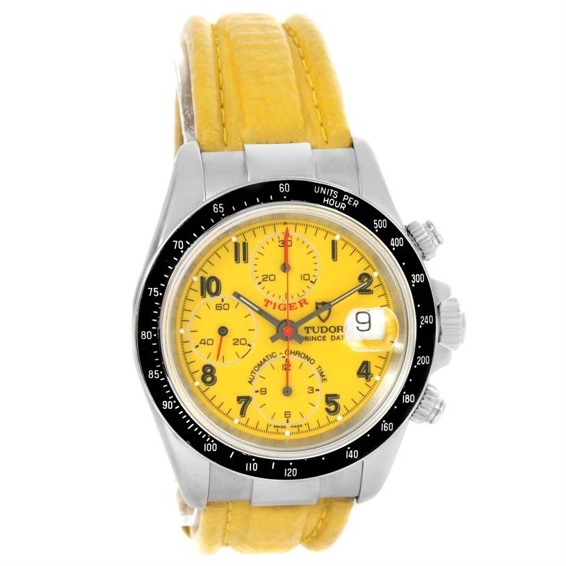 The image shows a frontal view of the Tudor Prince model watch, highlighting its yellow dial, three subdials, and yellow strap.