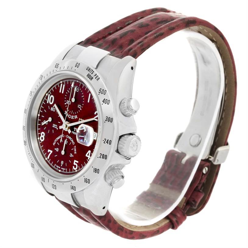 This image shows a Tudor Tiger 79280 Men's Stainless Steel Burgundy Dial 79280 Men's Stainless Steel Burgundy Dial watch from a three-quarter angle, featuring the dial, bezel, crown, pushers, and strap.