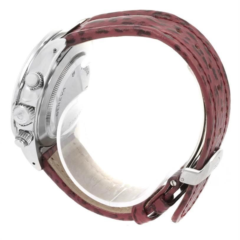 The image shows a side profile of a Tudor Tiger 79280 Men's Stainless Steel Burgundy Dial 79280 Men's Stainless Steel Burgundy Dial watch, focusing on the case, crown, and leather strap.