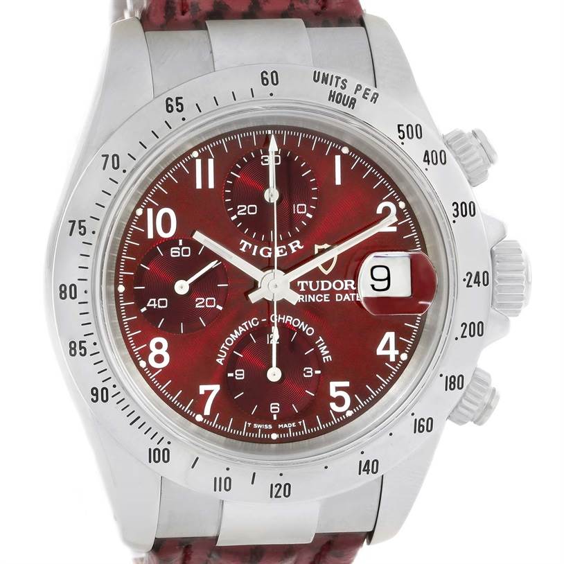 The image shows a front view of the Tudor Tiger 79280 Men's Stainless Steel Burgundy Dial 79280 Men's Stainless Steel Burgundy Dial model watch, highlighting the dial, bezel, chronograph subdials, and date window.