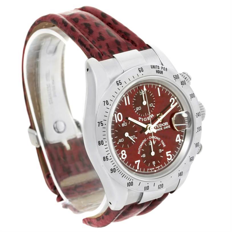 The image shows a Tudor Tiger 79280 Men's Stainless Steel Burgundy Dial 79280 Men's Stainless Steel Burgundy Dial watch at a three-quarter angle, highlighting its dial, bezel, and strap.