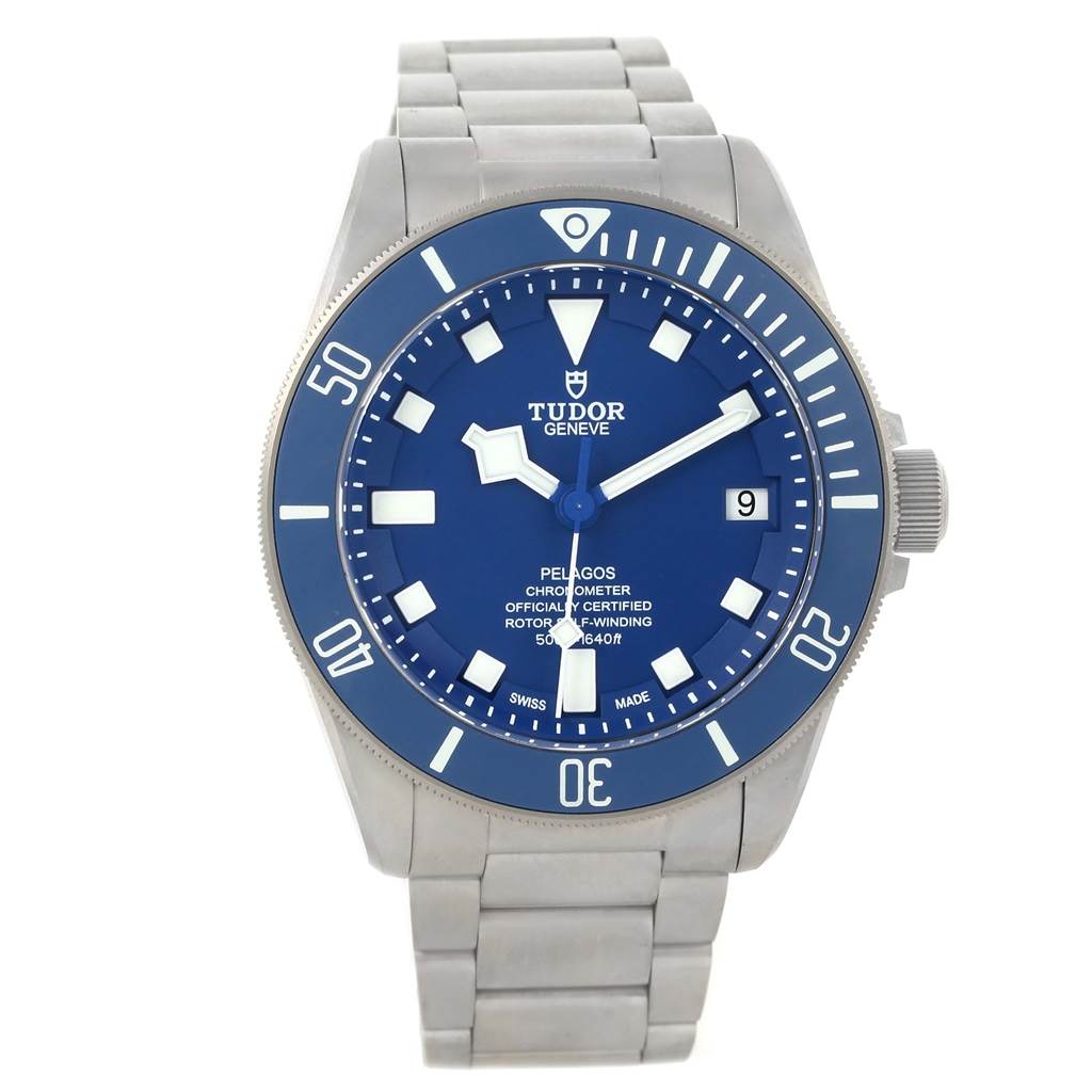 The image shows a front view of the Tudor Pelagos 25600TB Men's Titanium Blue Dial 25600TB Men's Titanium Blue Dial watch, highlighting its blue dial, bezel, date window, and stainless steel bracelet.