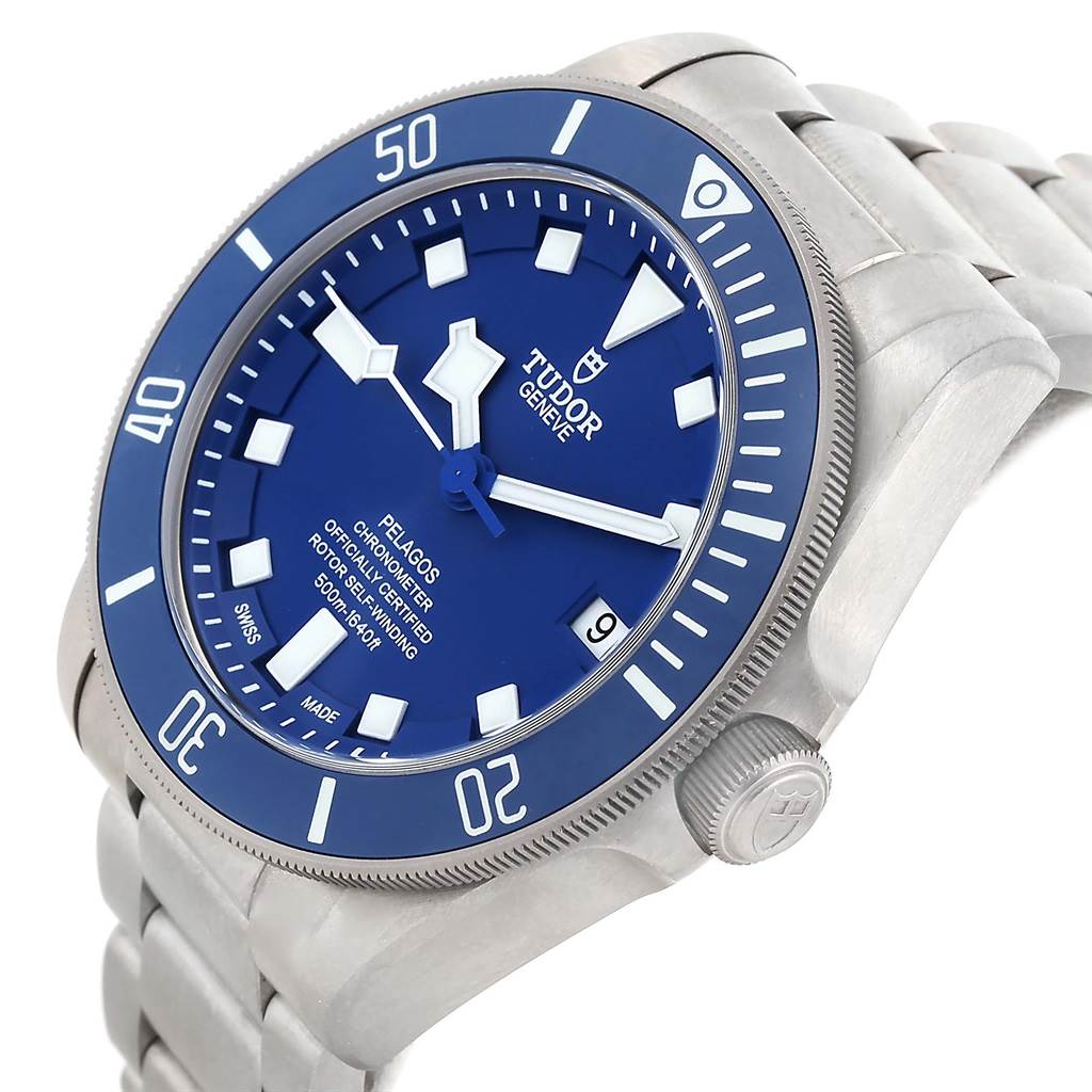 The Tudor Pelagos 25600TB Men's Titanium Blue Dial 25600TB Men's Titanium Blue Dial watch is shown at a slight angle, highlighting the blue dial, bezel, and metal bracelet.