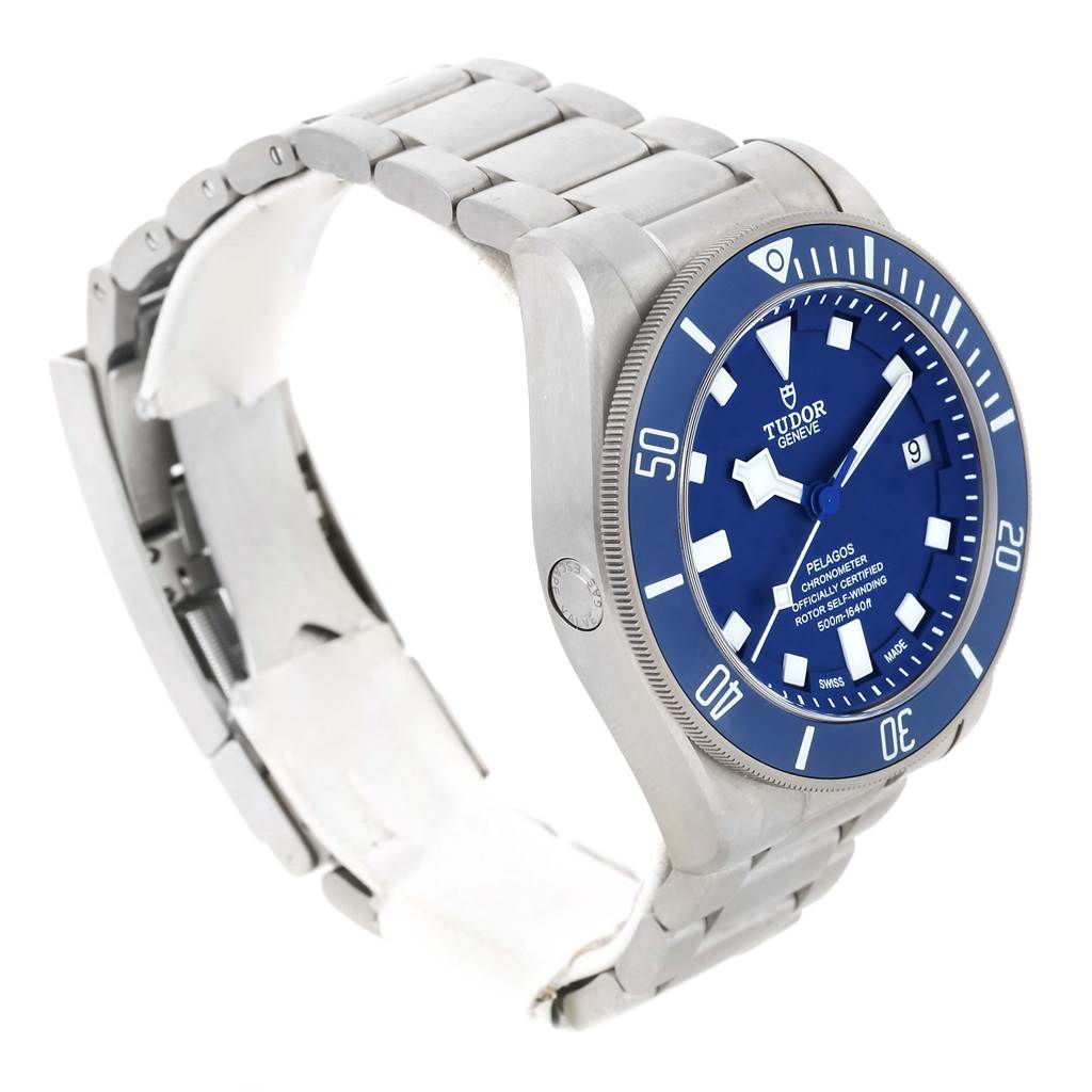 This image shows a Tudor Pelagos 25600TB Men's Titanium Blue Dial 25600TB Men's Titanium Blue Dial watch at an angle that displays its face, bezel, and metal bracelet.
