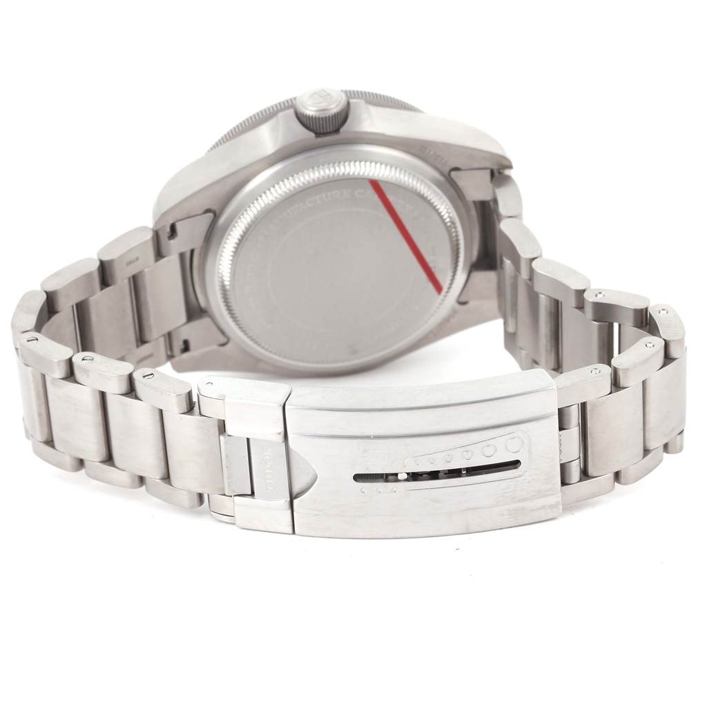 The Tudor Pelagos 25600TB Men's Titanium Blue Dial 25600TB Men's Titanium Blue Dial watch is shown from the rear, displaying the back case, bracelet, and the clasp mechanism.