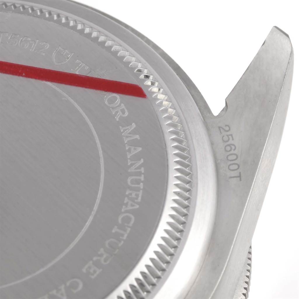 This close-up image shows the back case and lugs of a Tudor Pelagos 25600TB Men's Titanium Blue Dial 25600TB Men's Titanium Blue Dial watch, highlighting the model number and engravings.