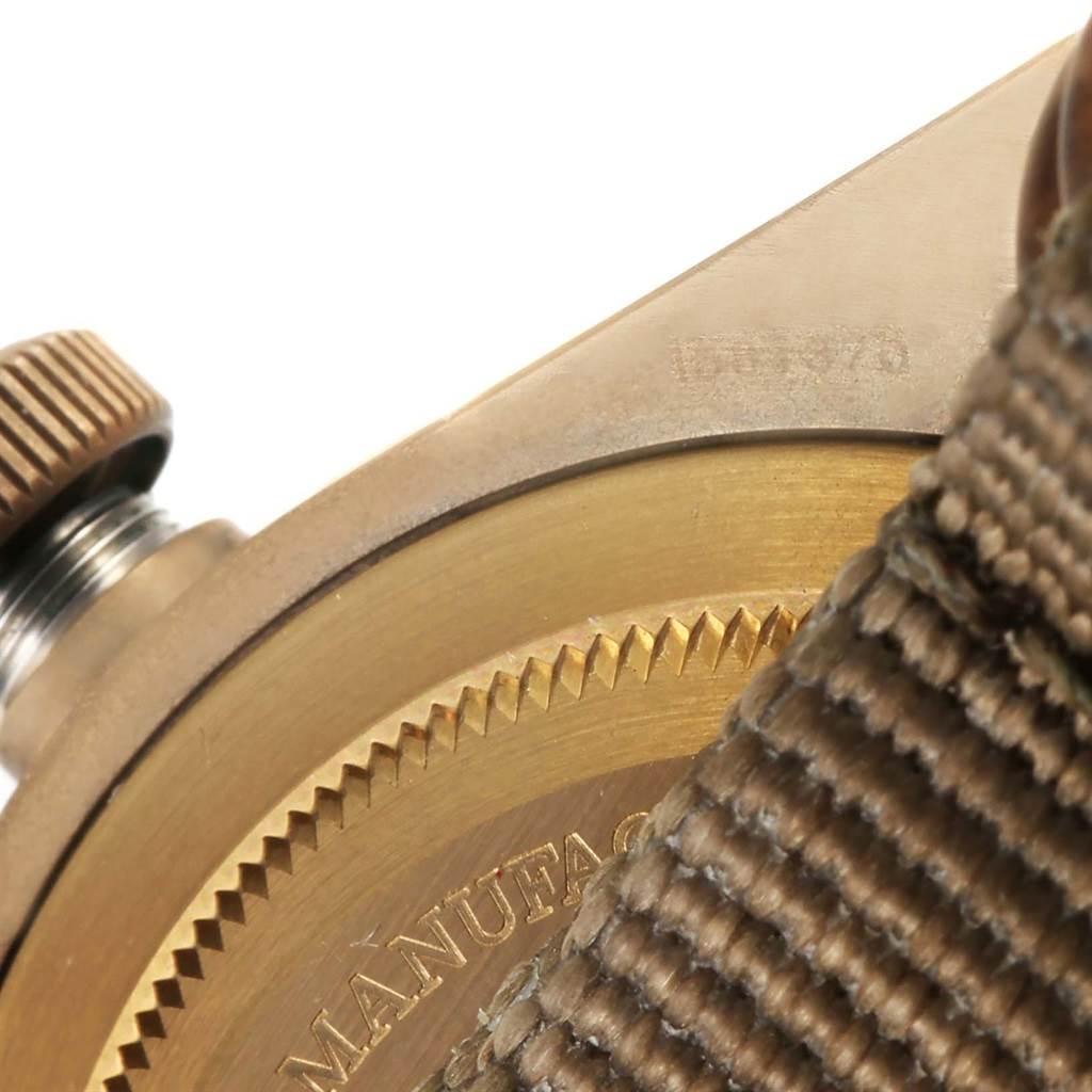 The image shows a close-up of the side and crown of a Tudor Heritage Black Bay 79250 Men's Bronze Brown Dial 79250 Men's Bronze Brown Dial watch, focusing on the bronze bezel and strap attachment.