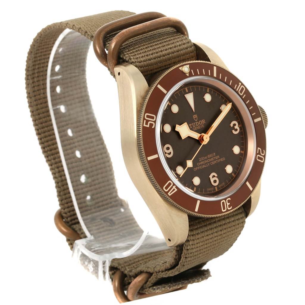 The image shows a Tudor Heritage Black Bay 79250 Men's Bronze Brown Dial 79250 Men's Bronze Brown Dial watch at a three-quarter angle, highlighting its face, bezel, and fabric strap.