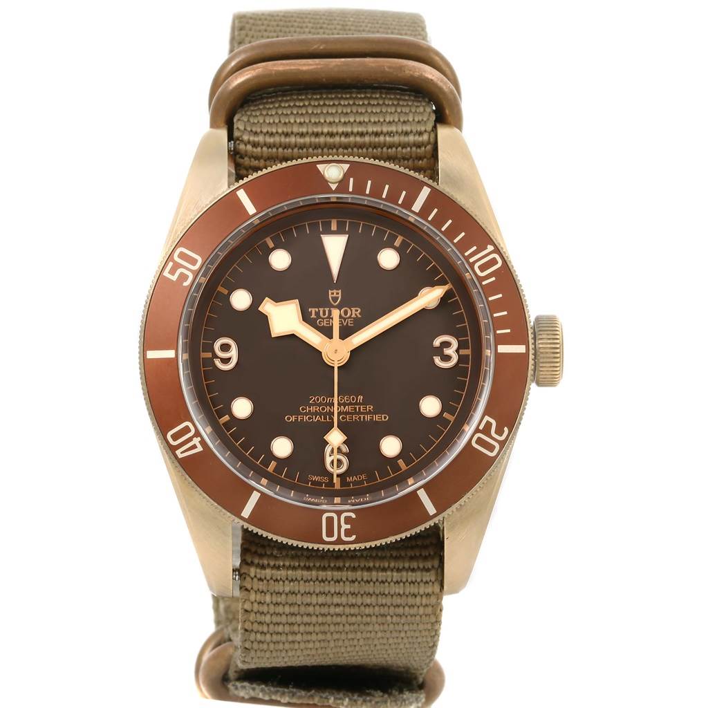 This image shows the front view of the Tudor Heritage Black Bay 79250 Men's Bronze Brown Dial 79250 Men's Bronze Brown Dial watch, highlighting the dial, bezel, and fabric strap.