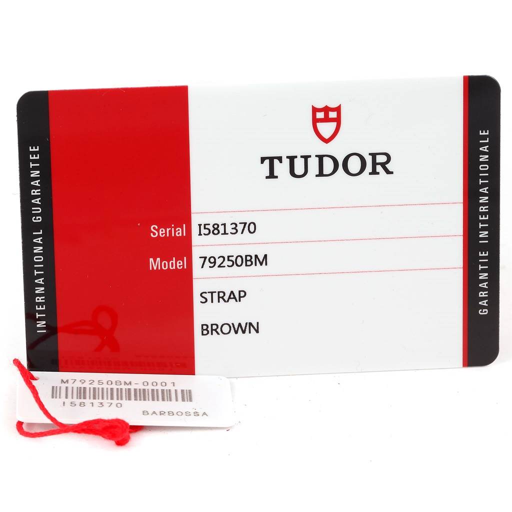 The image shows an international guarantee card for a Heritage Black Bay model 79250BM watch by Tudor.