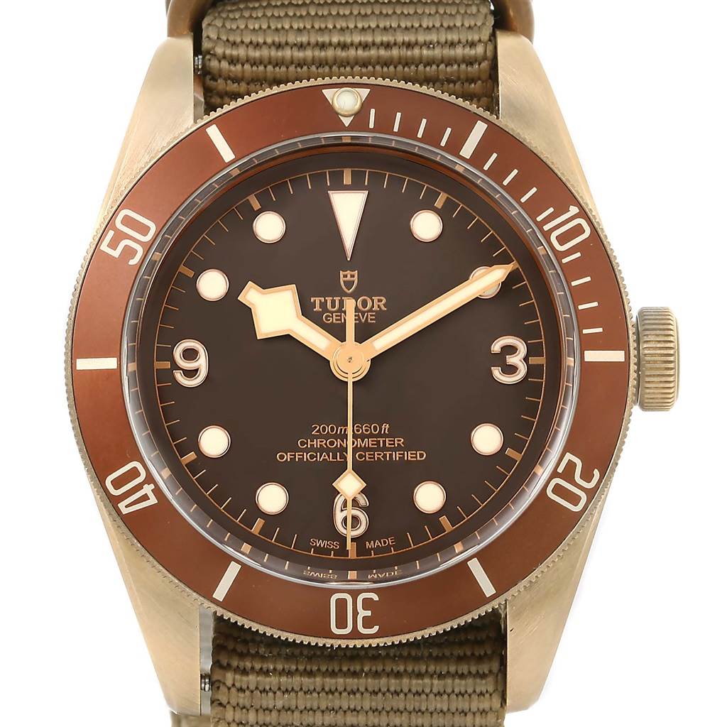 The image shows a front view of the Tudor Heritage Black Bay 79250 Men's Bronze Brown Dial 79250 Men's Bronze Brown Dial watch, featuring its dial, bezel, and crown.