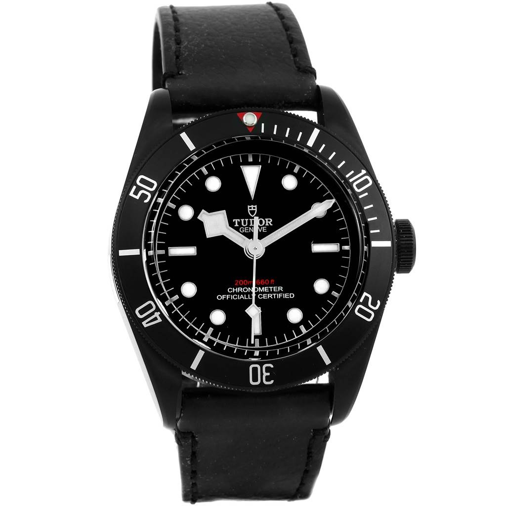 The image shows a front view of the Tudor Heritage Black Bay 79230DK Men's Stainless Steel Black Dial 79230DK Men's Stainless Steel Black Dial watch, including the face, bezel, and strap.