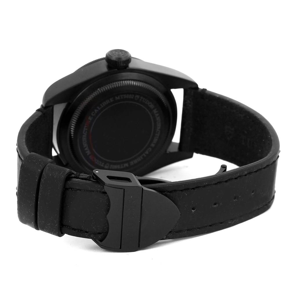 This image shows the back case and strap of a Heritage Black Bay watch by Tudor, displayed at a slight angle.