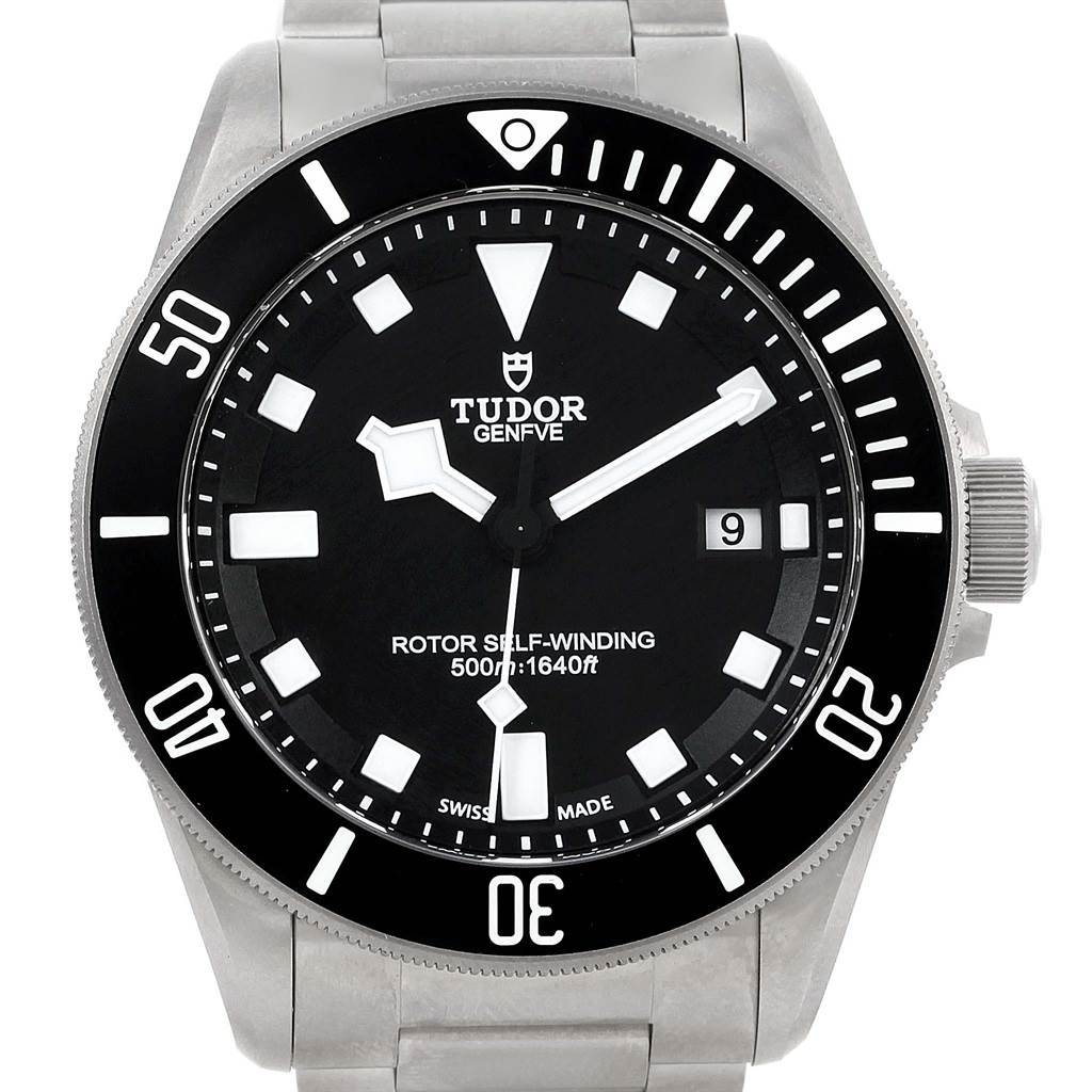 The image shows a close-up front view of the Tudor Pelagos 25500TN Men
s Titanium Black Dial 25500TN Men
s Titanium Black Dial watch, highlighting the dial, hands, bezel, and date window.