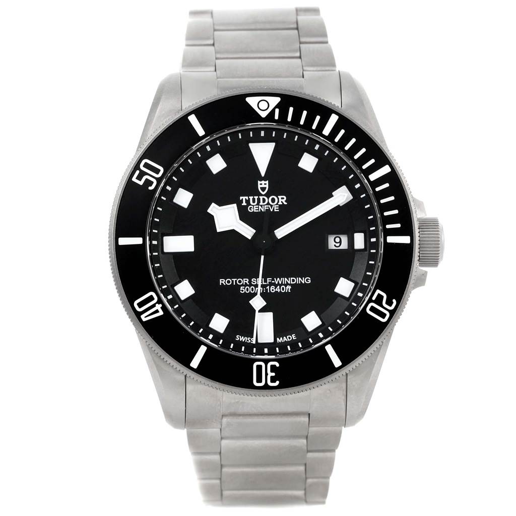 This image shows a front view of a Tudor Pelagos 25500TN Men
s Titanium Black Dial 25500TN Men
s Titanium Black Dial watch, highlighting the dial, bezel, and bracelet.