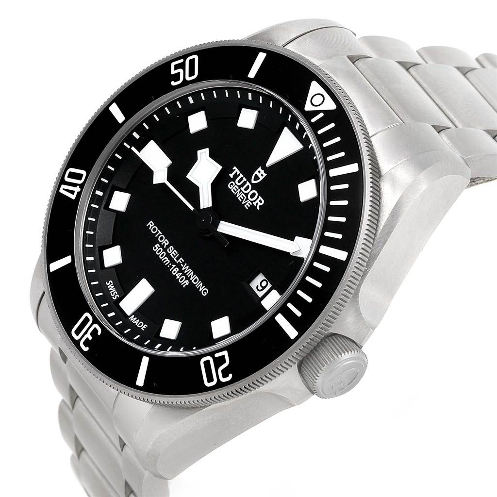 The Tudor Pelagos 25500TN Men
s Titanium Black Dial 25500TN Men
s Titanium Black Dial watch is shown at an angled close-up, highlighting its black dial, bezel, and stainless steel bracelet.