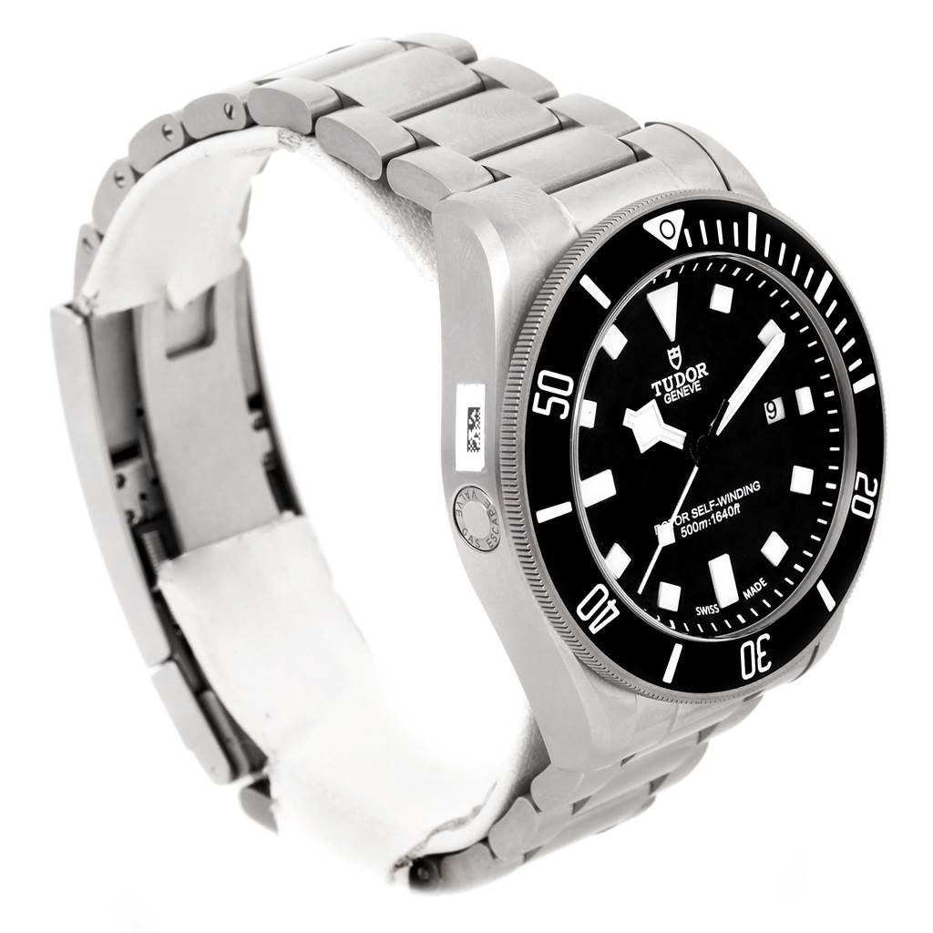 The image shows a side and angled view of the Tudor Pelagos 25500TN Men
s Titanium Black Dial 25500TN Men
s Titanium Black Dial watch, highlighting its face, bezel, and partially open metal bracelet.