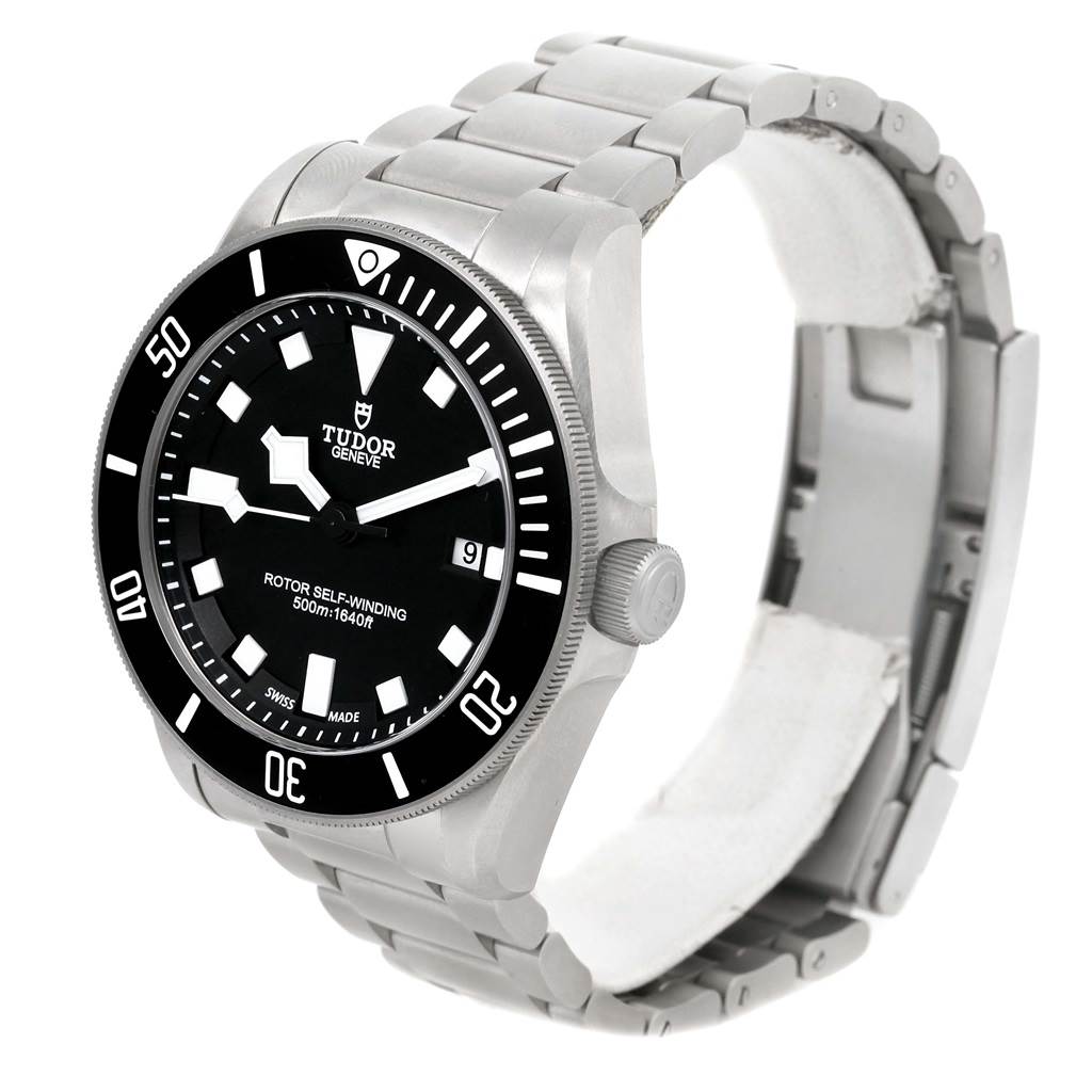 The image shows a Tudor Pelagos 25500TN Men
s Titanium Black Dial 25500TN Men
s Titanium Black Dial watch at an angled side view, displaying the face, bezel, crown, and bracelet.