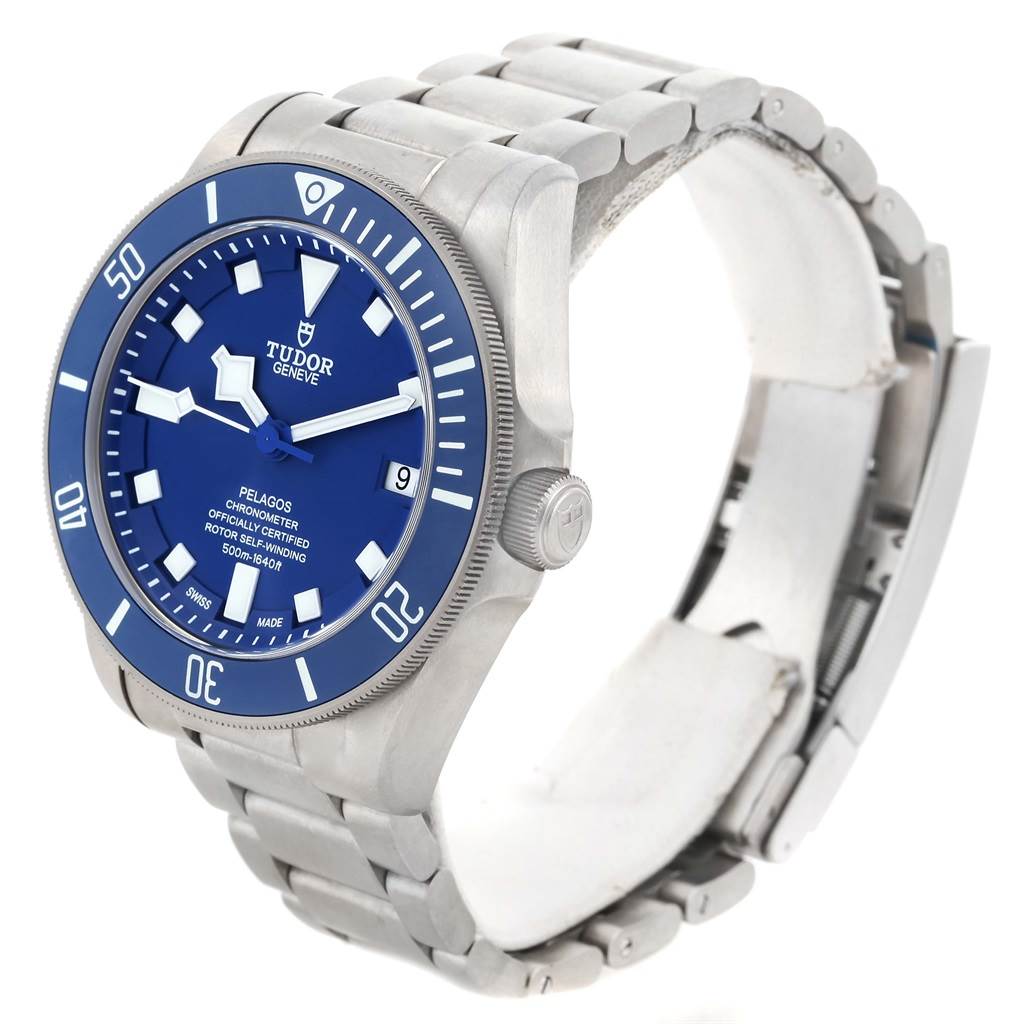 This image shows a Tudor Pelagos 25600TB Men's Titanium Blue Dial 25600TB Men's Titanium Blue Dial watch from an angled side view, highlighting the dial, bezel, crown, bracelet, and clasp.