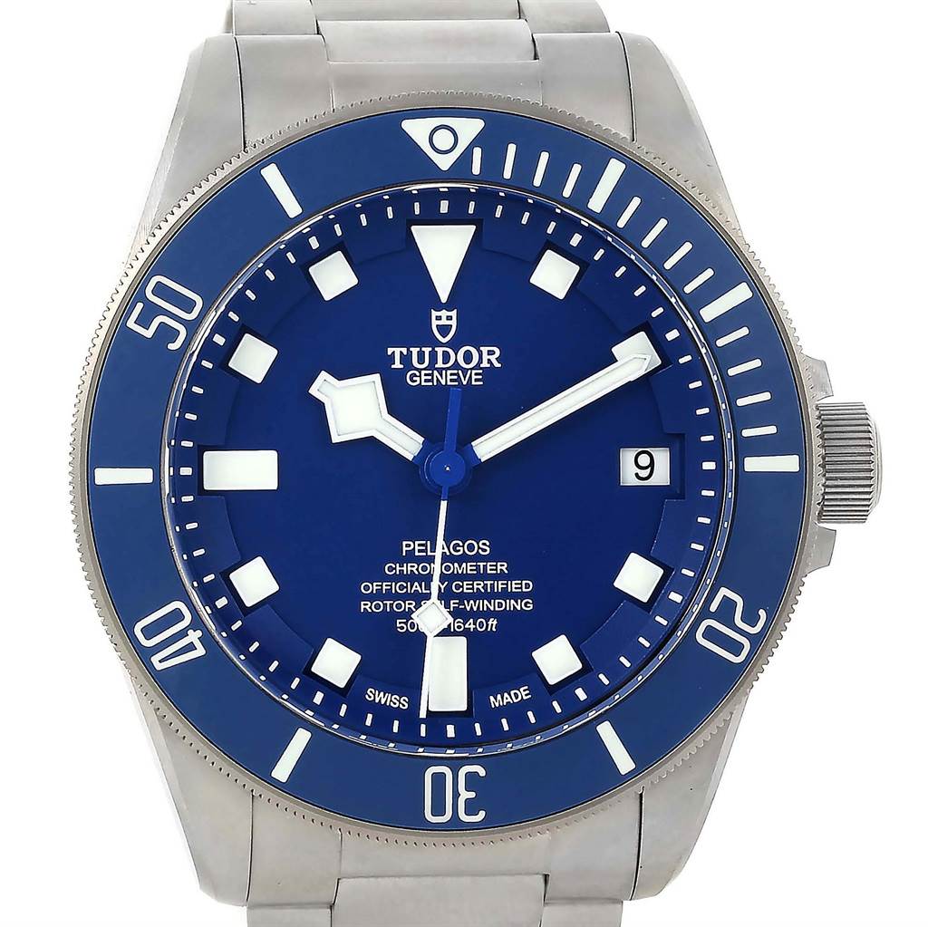 This image shows a front view of the Tudor Pelagos 25600TB Men's Titanium Blue Dial 25600TB Men's Titanium Blue Dial watch, highlighting its blue dial, bezel, hands, and bracelet.