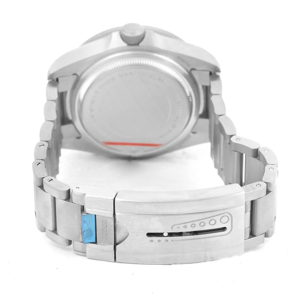 This image shows the back case and clasp of a Tudor Pelagos 25600TB Men's Titanium Blue Dial 25600TB Men's Titanium Blue Dial watch from a rear angle.