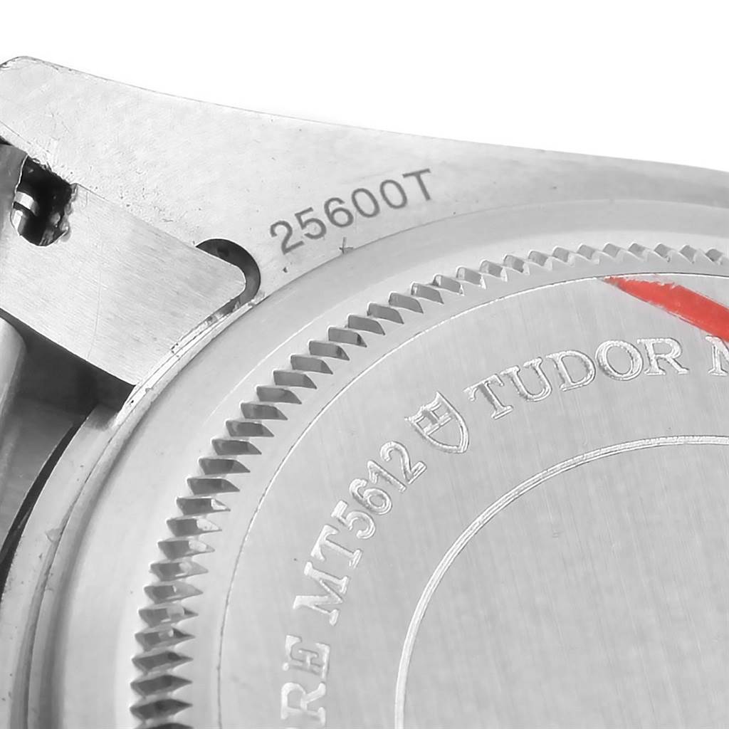 This image shows the caseback and part of the lugs of a Tudor Pelagos 25600TB Men's Titanium Blue Dial 25600TB Men's Titanium Blue Dial watch, highlighting the model number "25600T."