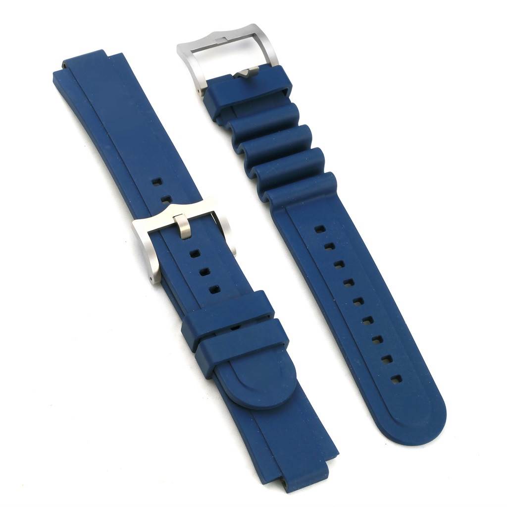 This image shows two blue rubber straps for the Tudor Pelagos 25600TB Men's Titanium Blue Dial 25600TB Men's Titanium Blue Dial model watch, with one strap featuring a silver buckle.