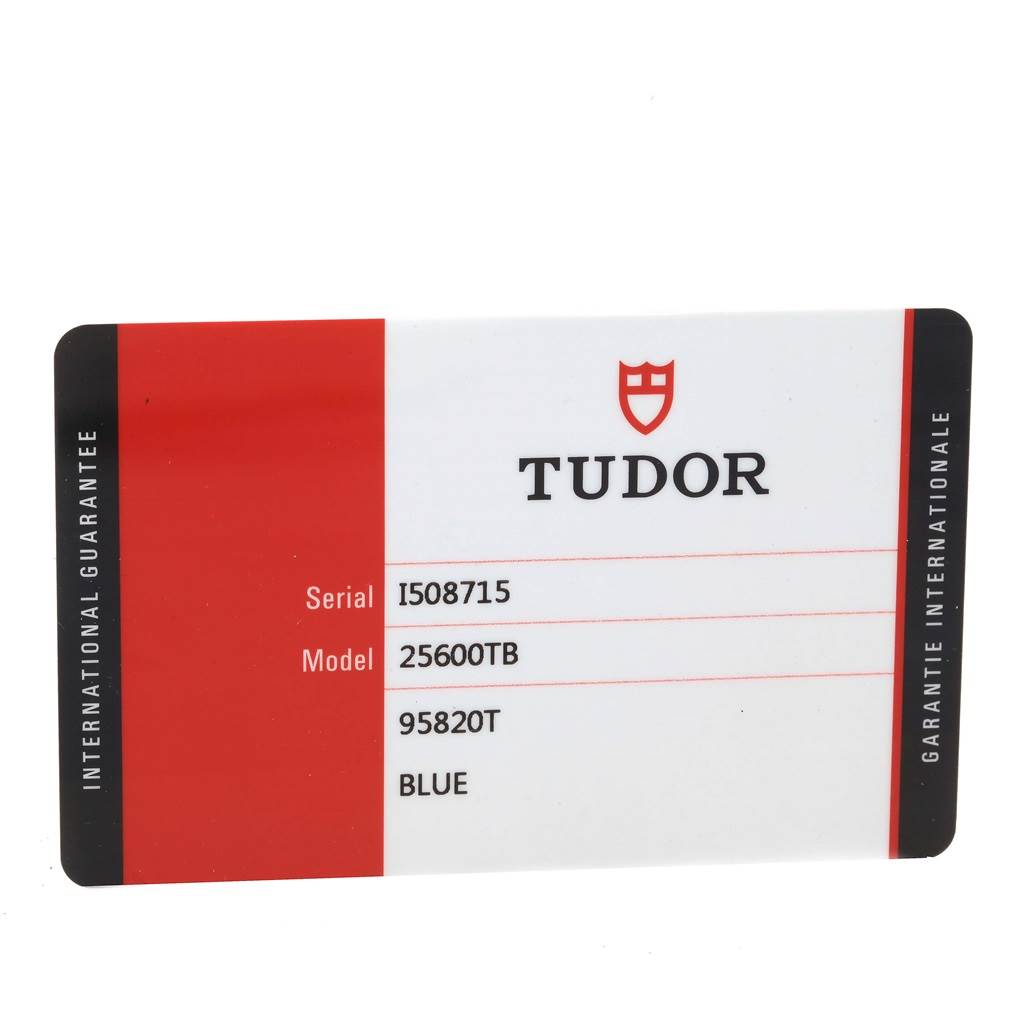 This image shows the warranty card for a Tudor Pelagos 25600TB Men's Titanium Blue Dial 25600TB Men's Titanium Blue Dial model, detailing the serial number, model number, and color.